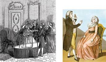 Réponse 04 | Le baquet de Mesmer (à gauche, gravure fin XVIIIème) | Magnétisme animal (à droite, gravure d'après Daniel Dodd, 1802)